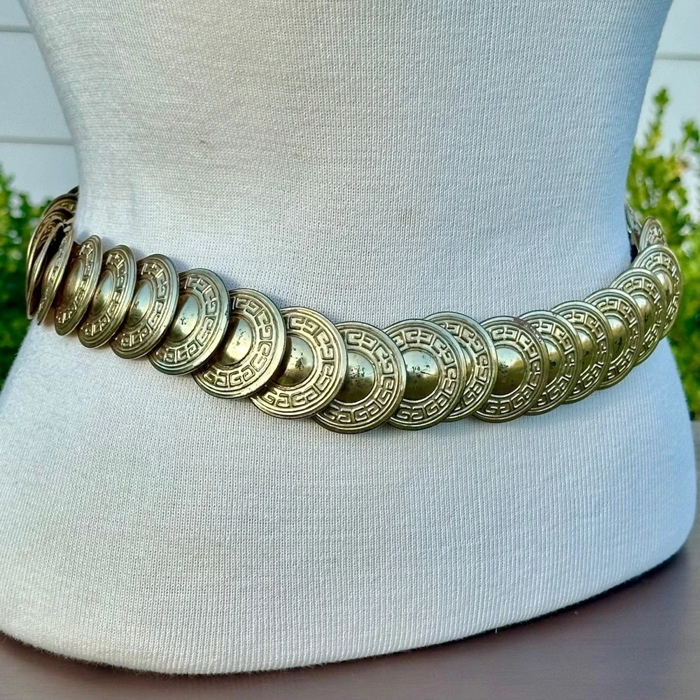 Vintage Gold Medallion Greek Key Stretch Belt Elastic Waist Cinch Statement